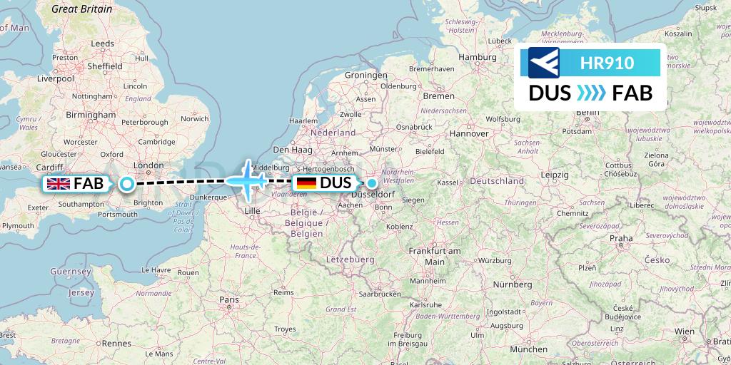 HR910 Hahn Air Flight Map: Dusseldorf to Farnborough