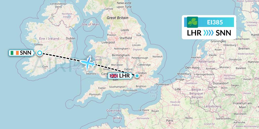 EI385 Aer Lingus Flight Map: London to Shannon
