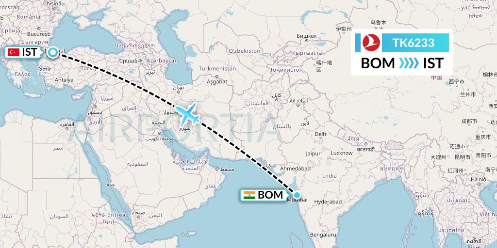 TK6233 Turkish Airlines Flight Map: Mumbai to Istanbul