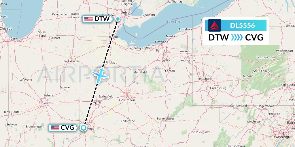 DL5556 Delta Air Lines Flight Map: Detroit to Cincinnati