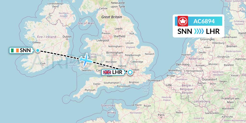 AC6894 Air Canada Flight Map: Shannon to London