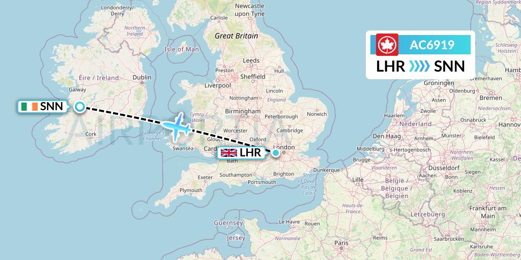 AC6919 Air Canada Flight Map: London to Shannon