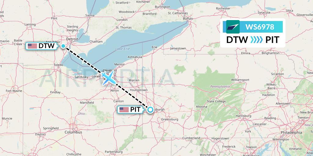WS6978 WestJet Flight Map: Detroit to Pittsburgh