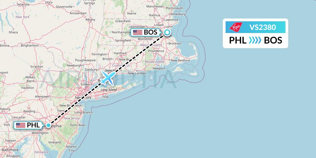 VS2380 Virgin Atlantic Airways Flight Map: Philadelphia to Boston