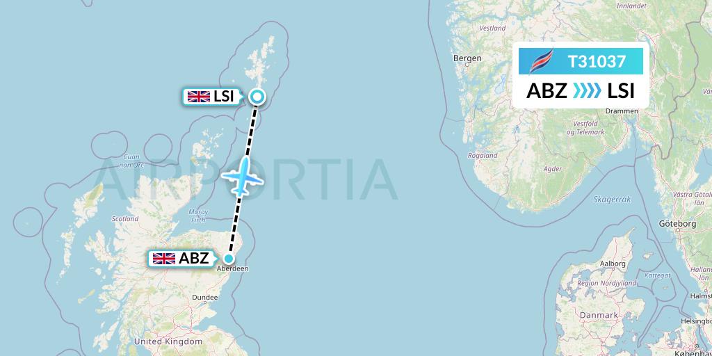 T31037 Eastern Airways Flight Map: Aberdeen to Sumburgh
