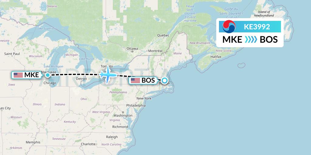 KE3992 Korean Air Flight Map: Milwaukee to Boston