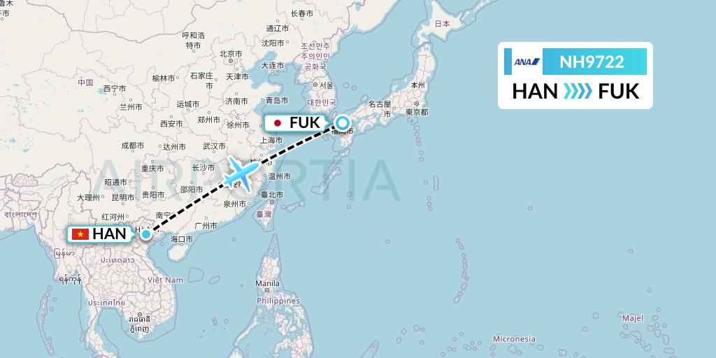 NH9722 All Nippon Airways Flight Map: Hanoi to Fukuoka