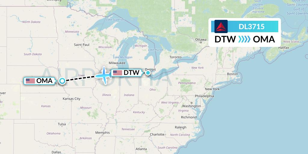 DL3715 Delta Air Lines Flight Map: Detroit to Omaha