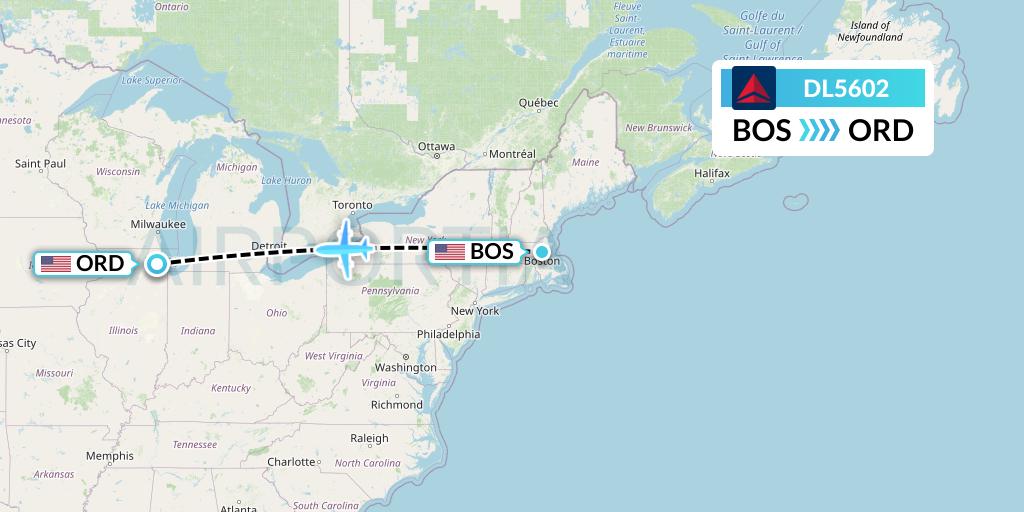 DL5602 Delta Air Lines Flight Map: Boston to Chicago