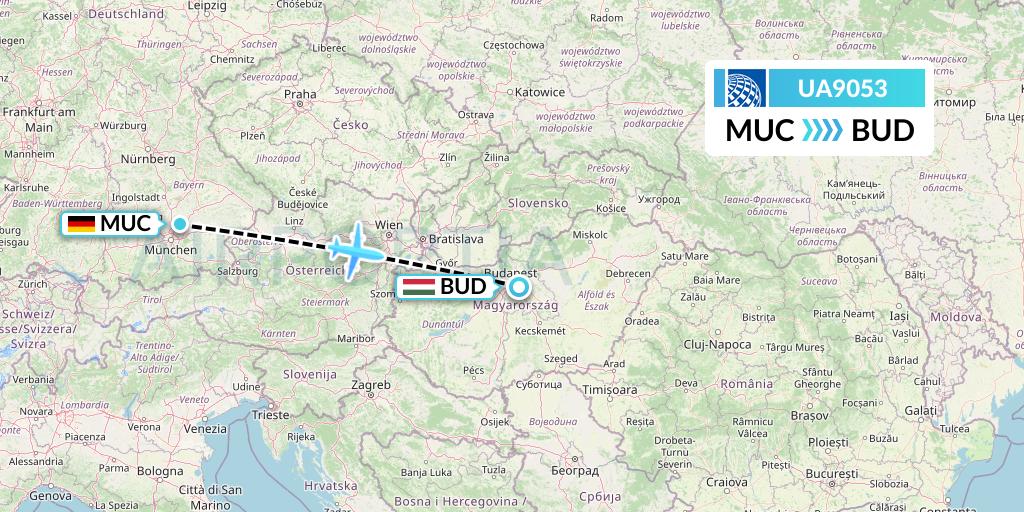 UA9053 United Airlines Flight Map: Munich to Budapest
