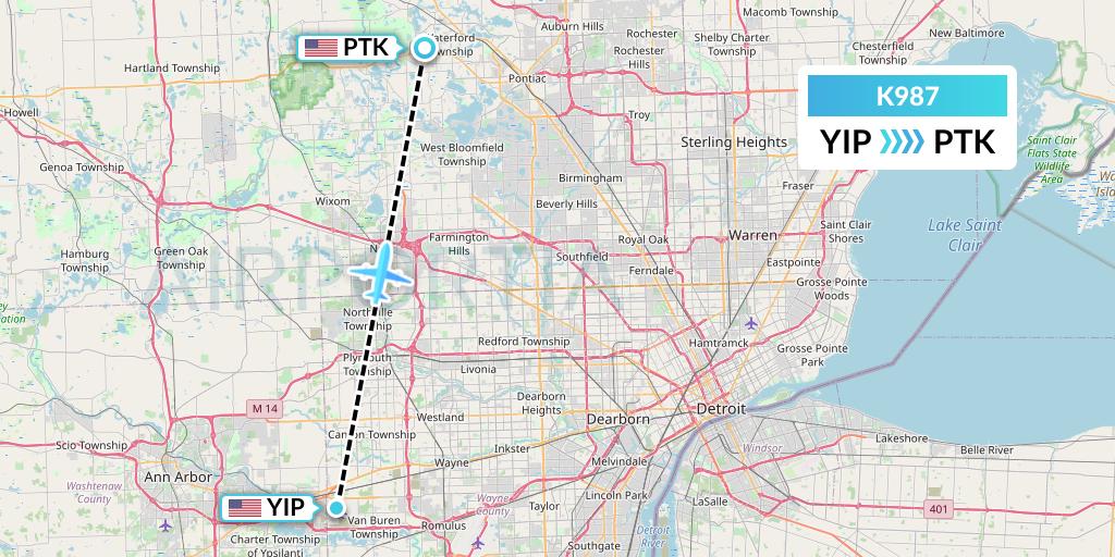 K987 Kalitta Charters Flight Map: Detroit to Oakland County