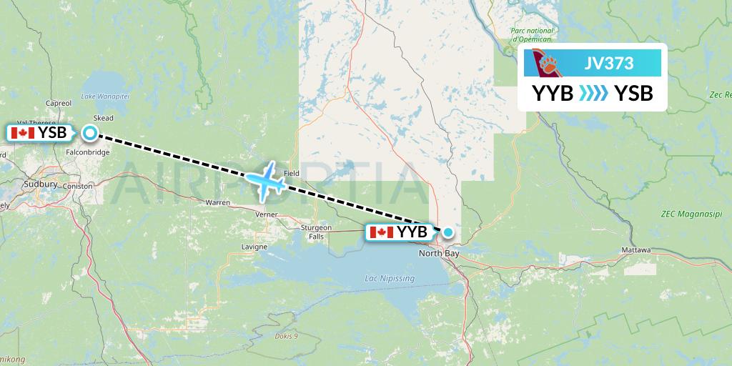 JV373 Bearskin Airlines Flight Map: North Bay to Sudbury