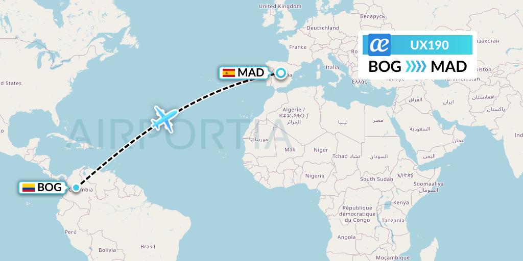 UX190 Air Europa Flight Map: Bogota to Madrid
