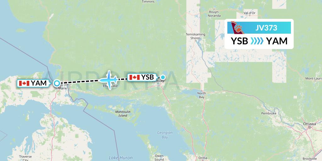 JV373 Bearskin Airlines Flight Map: Sudbury to Sault Ste. Marie
