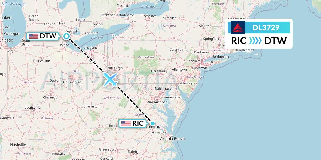 DL3729 Delta Air Lines Flight Map: Richmond to Detroit