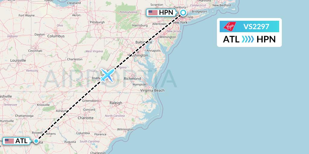 VS2297 Virgin Atlantic Airways Flight Map: Atlanta to White Plains