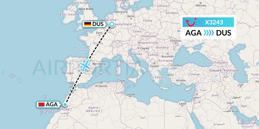 X3243 TUI fly Germany Flight Map: Agadir to Dusseldorf