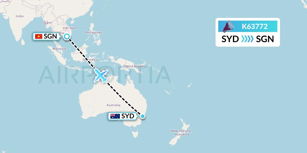 K63772 Cambodia Angkor Air Flight Map: Sydney to Ho Chi Minh City
