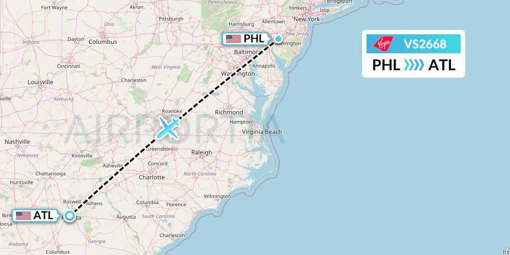 VS2668 Virgin Atlantic Airways Flight Map: Philadelphia to Atlanta