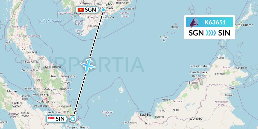 K63651 Cambodia Angkor Air Flight Map: Ho Chi Minh City to Singapore