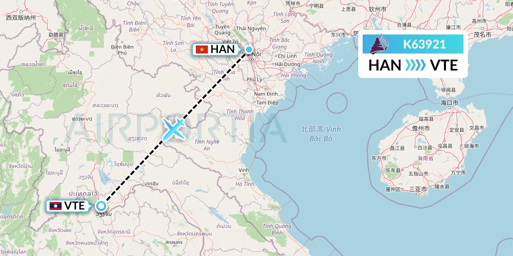 K63921 Cambodia Angkor Air Flight Map: Hanoi to Vientiane