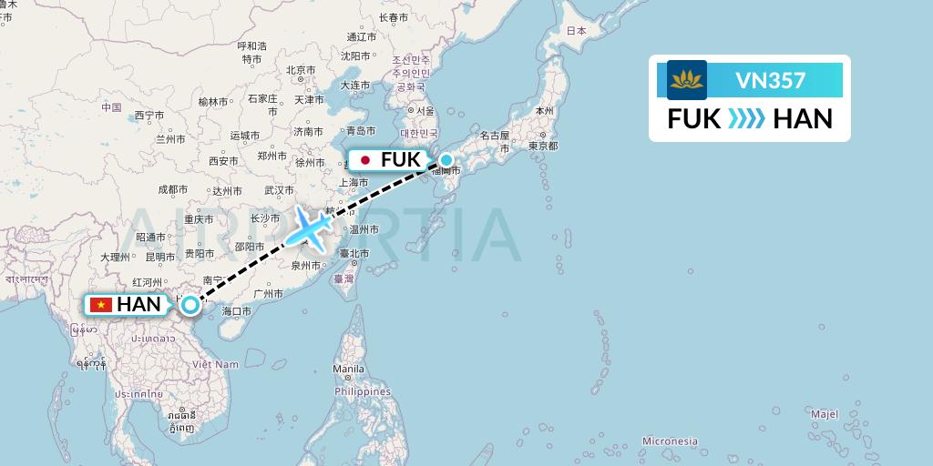 VN357 Vietnam Airlines Flight Map: Fukuoka to Hanoi