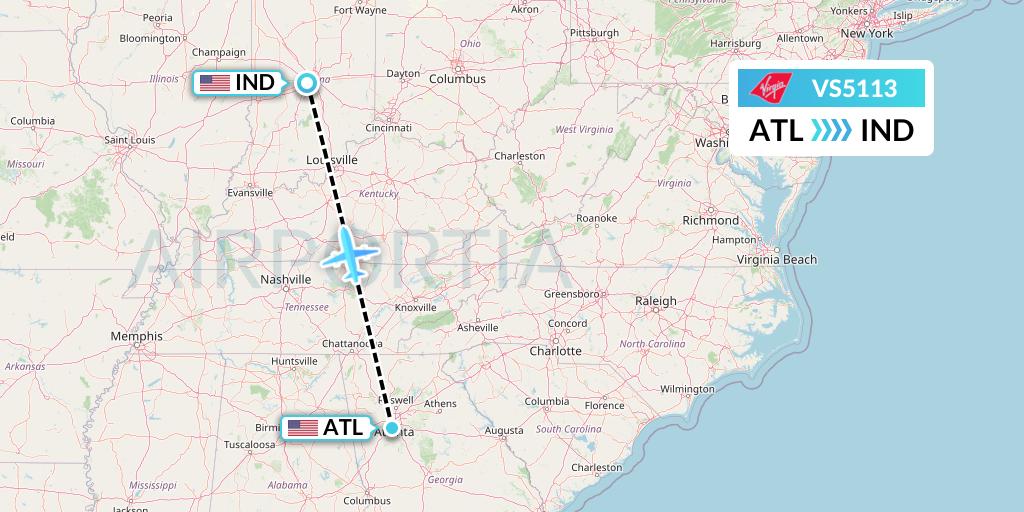 VS5113 Virgin Atlantic Airways Flight Map: Atlanta to Indianapolis