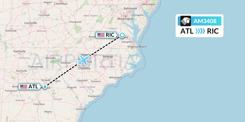AM3408 Aeromexico Flight Map: Atlanta to Richmond
