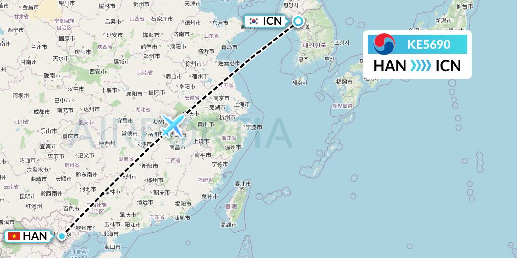 KE5690 Korean Air Flight Map: Hanoi to Seoul