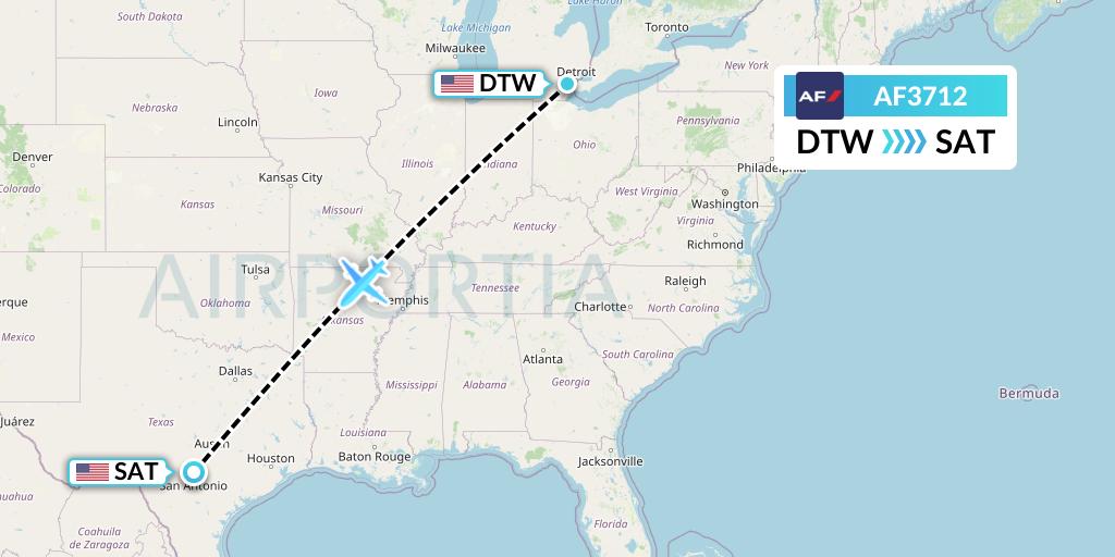 AF3712 Air France Flight Map: Detroit to San Antonio