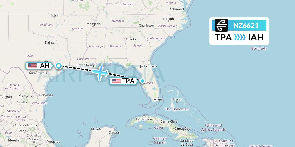 NZ6621 Air New Zealand Flight Map: Tampa to Houston