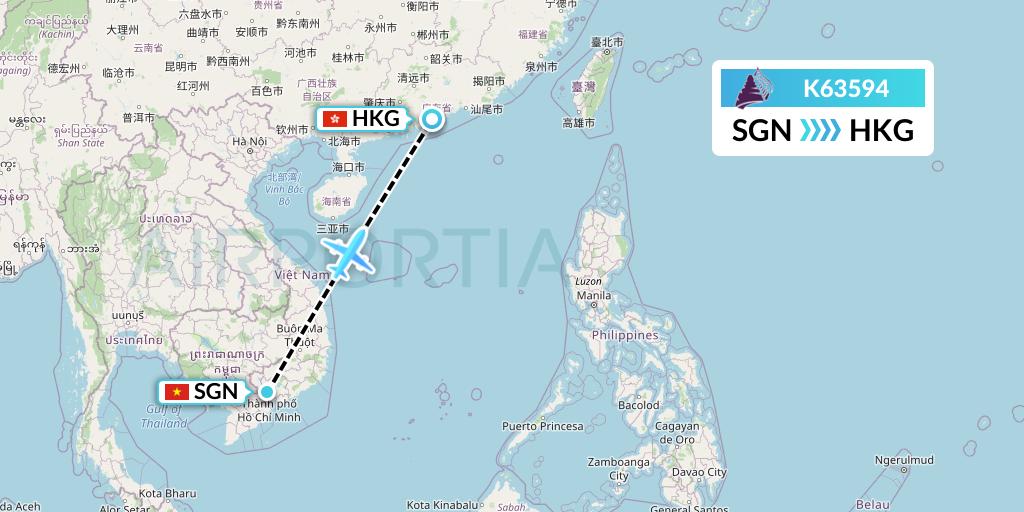 K63594 Cambodia Angkor Air Flight Map: Ho Chi Minh City to Hong Kong