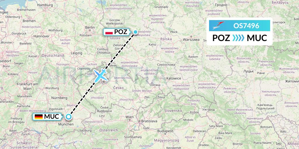 OS7496 Austrian Airlines Flight Map: Poznan to Munich