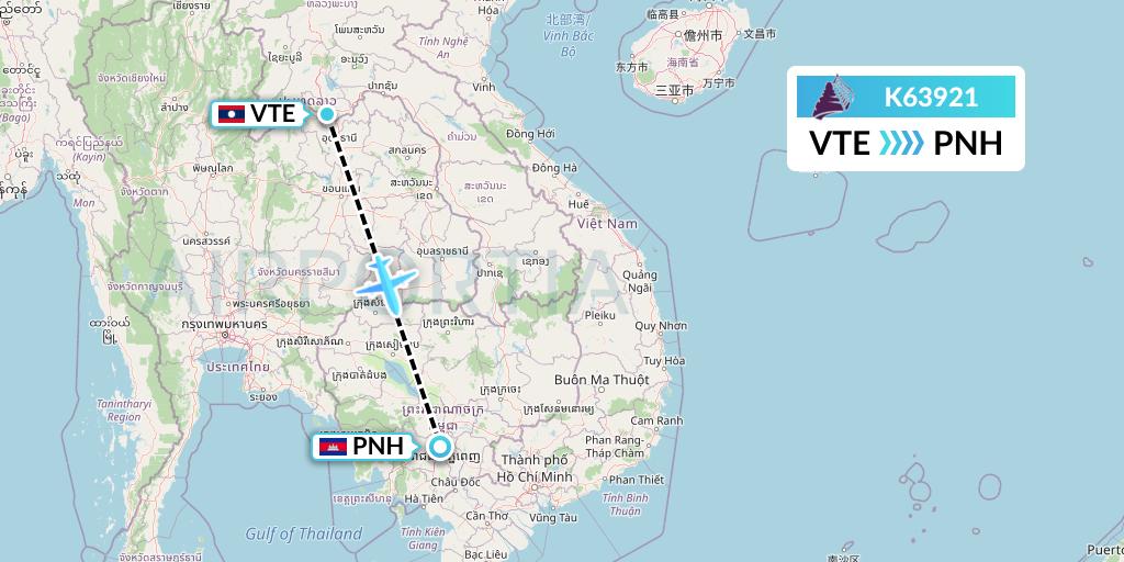 K63921 Cambodia Angkor Air Flight Map: Vientiane to Phnom Penh