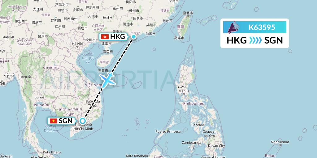 K63595 Cambodia Angkor Air Flight Map: Hong Kong to Ho Chi Minh City