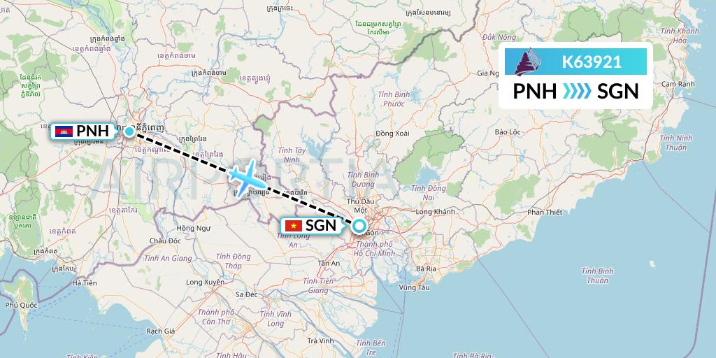 K63921 Cambodia Angkor Air Flight Map: Phnom Penh to Ho Chi Minh City