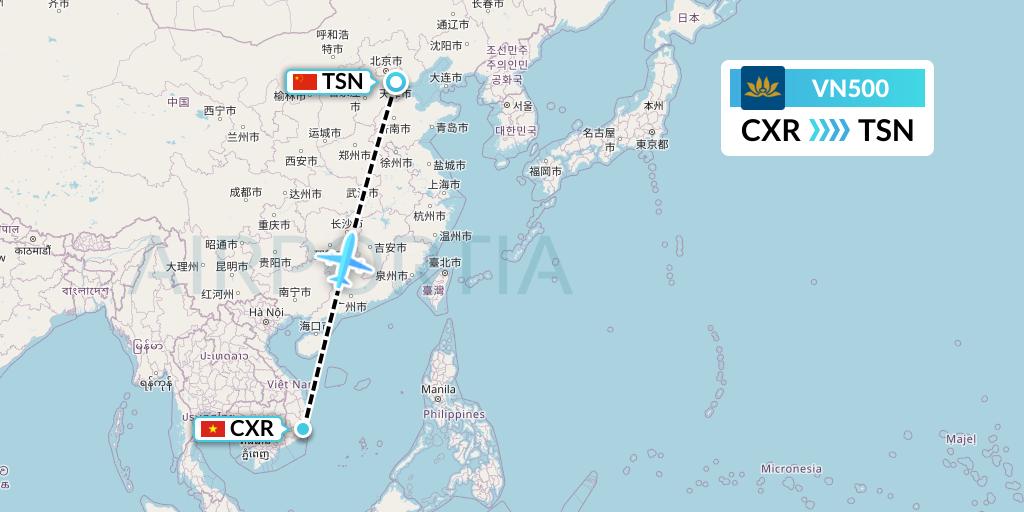 VN500 Vietnam Airlines Flight Map: Nha Trang to Tianjin