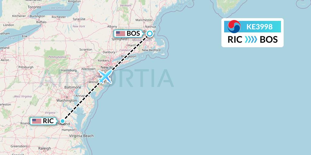 KE3998 Korean Air Flight Map: Richmond to Boston