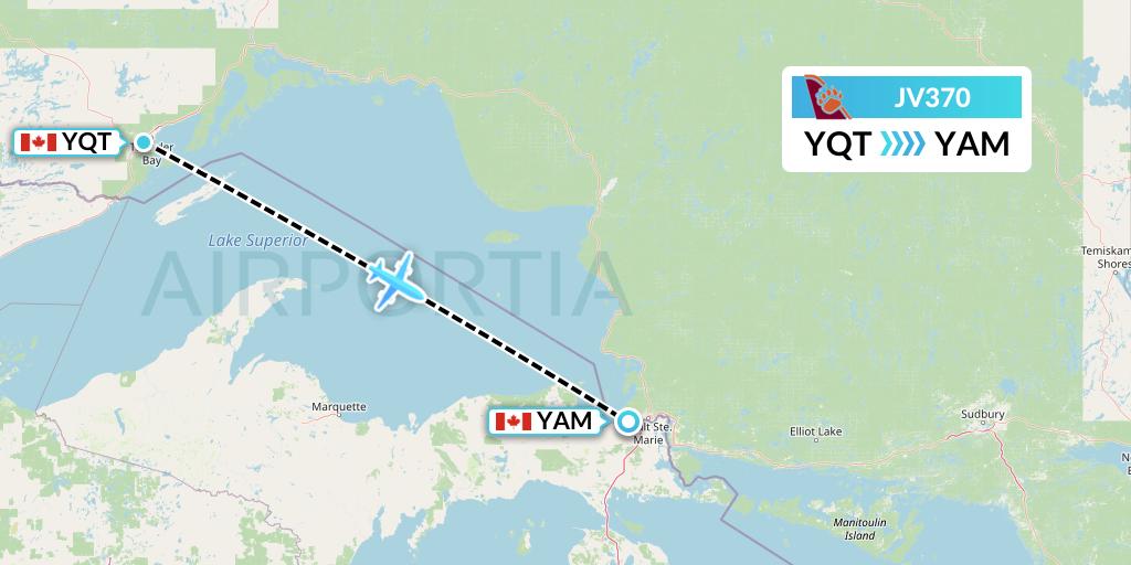 JV370 Bearskin Airlines Flight Map: Thunder Bay to Sault Ste. Marie