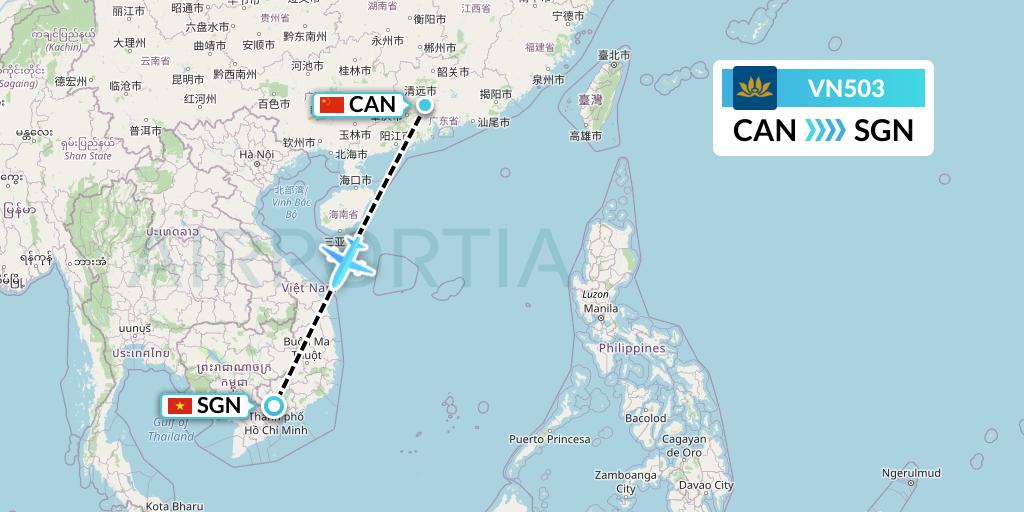 VN503 Vietnam Airlines Flight Map: Guangzhou to Ho Chi Minh City