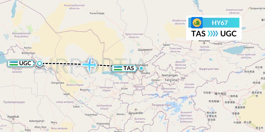 HY67 Uzbekistan Airways Flight Map: Tashkent to Urgench