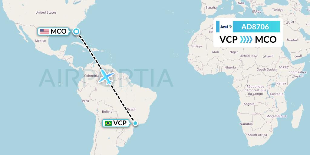 AD8706 Azul Brazilian Airlines Flight Map: Campinas to Orlando