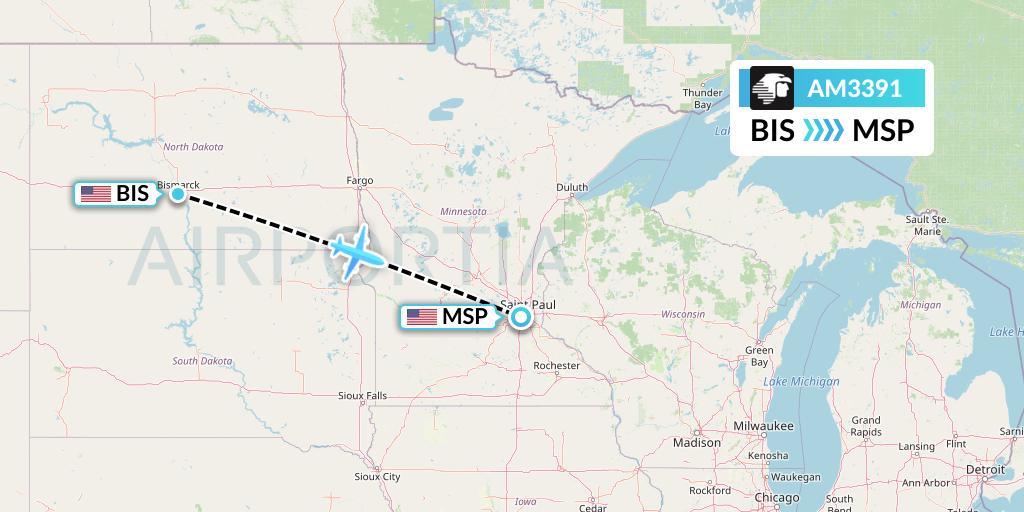 AM3391 Aeromexico Flight Map: Bismarck to Minneapolis