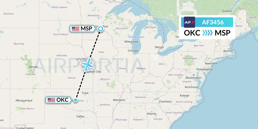 AF3456 Air France Flight Map: Oklahoma City to Minneapolis