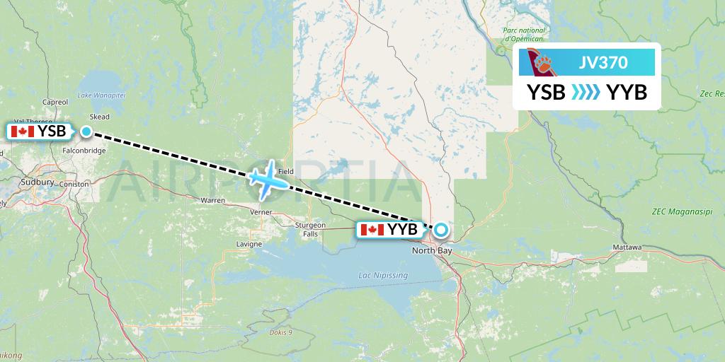 JV370 Bearskin Airlines Flight Map: Sudbury to North Bay