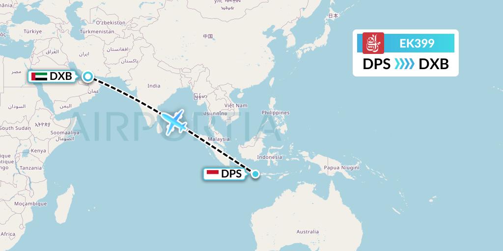 EK399 Emirates Flight Map: Denpasar to Dubai