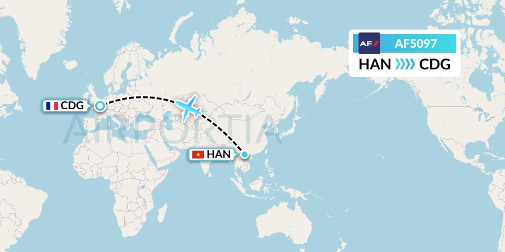 AF5097 Air France Flight Map: Hanoi to Paris