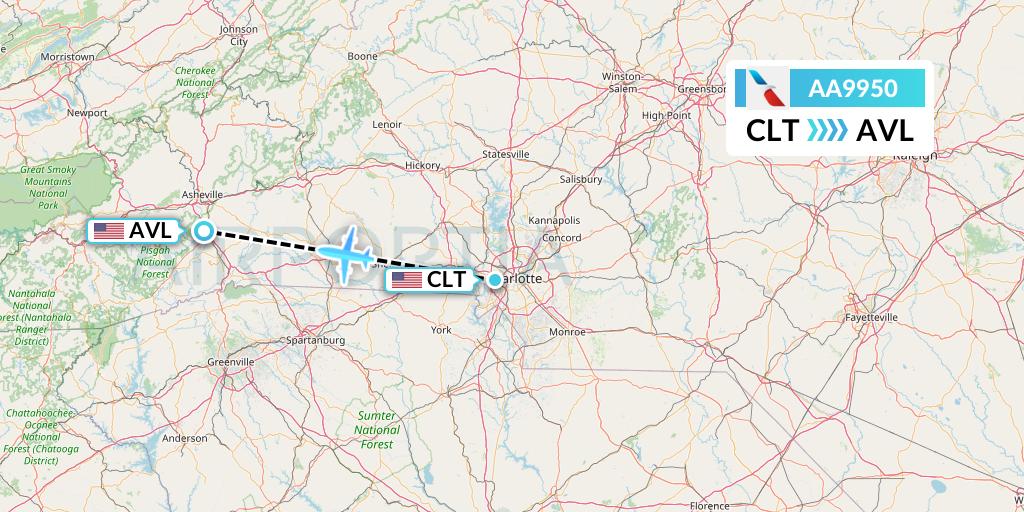 AA9950 American Airlines Flight Map: Charlotte to Asheville