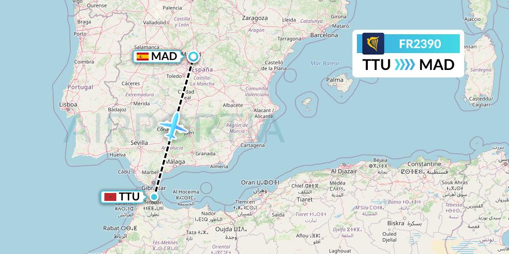 FR2390 Ryanair Flight Map: Tetuan to Madrid