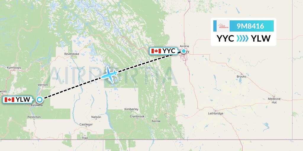 9M8416 Central Mountain Air Flight Map: Calgary to Kelowna
